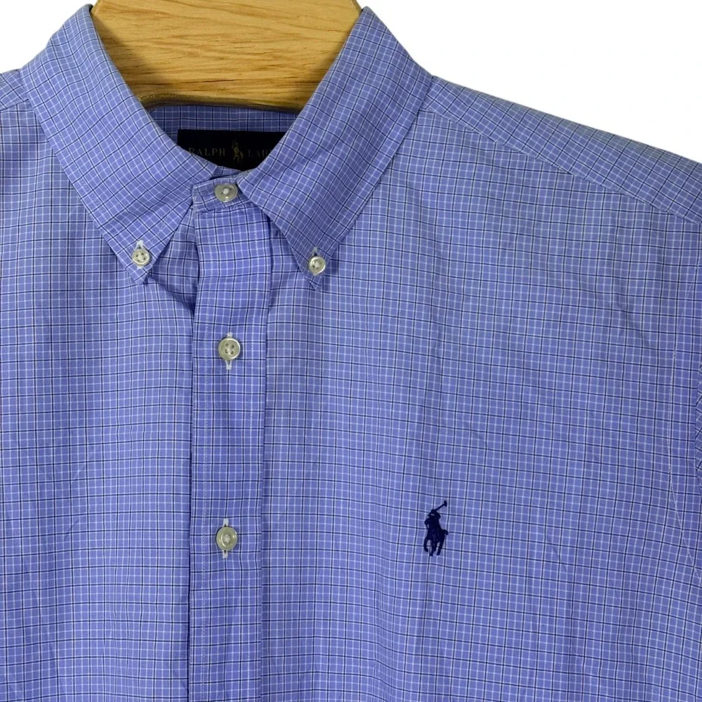 Ralph Lauren Button Down‎ Shirt Men XL Blue Micro Check Classic Fit Pony Preppy